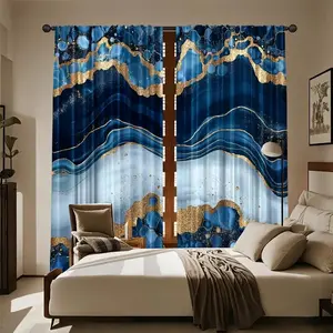 Blue Marble Pattern Print Curtain Set 2 Pieces, Home Decoration Curtain, Snowflake Design Holiday Home Decor, Suitable for Living Room Balcony Bedroom Windows