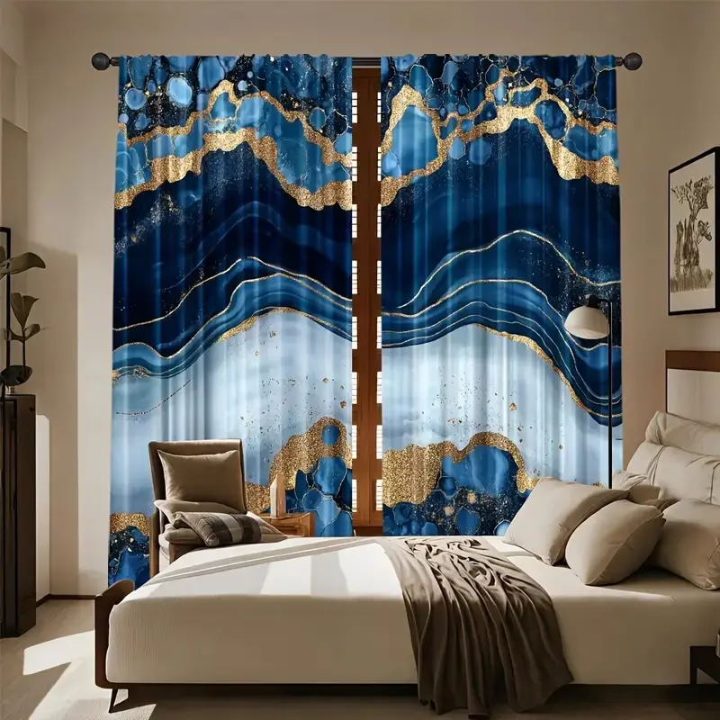Blue Marble Pattern Print Curtain Set 2 Pieces, Home Decoration Curtain, Home Decorative Curtain, Window Drapes, Suitable for Living Room Balcony Bedroom Windows