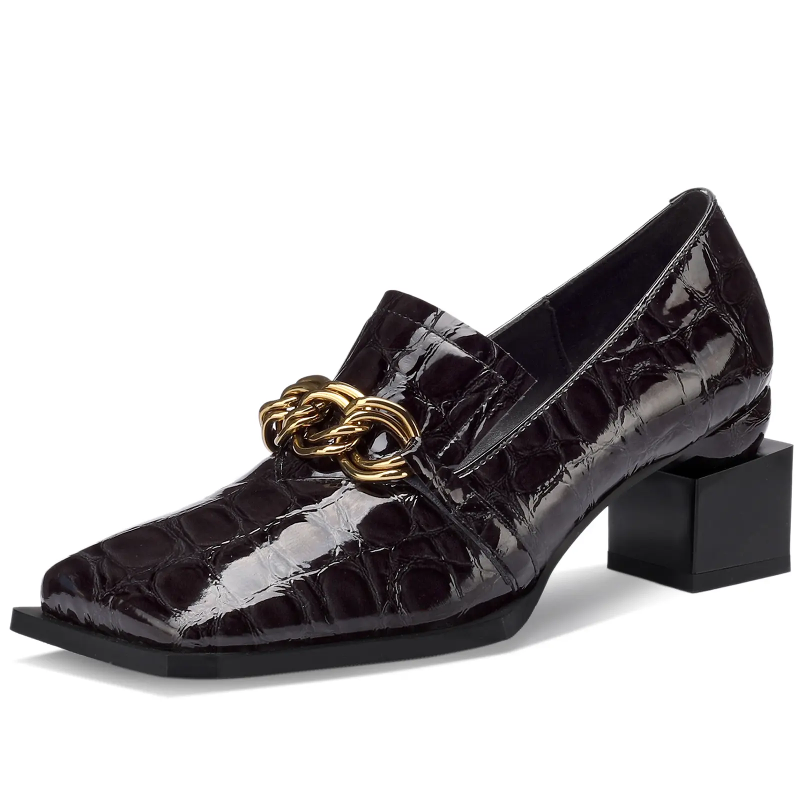 TDD Women's Patent Leather Loafers - 2-Inch Chunky Block Heels Buckle Accent Square Toe Wide Slip-On Footwear Classy Comfortable Casual Dressy Moccasins 065