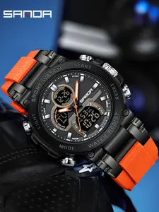 Sanda Men's Trendy Digital Watch, Luminous Dual Display, Multifunctional Wristwatch, Dual Time, Countdown, Stopwatch, Alarm, Hourly Chime