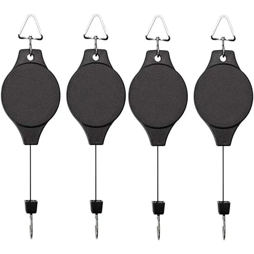 4-Piece Durable Retractable Hook Pulley Plant Organiser Hooks with Nylon Rope, Spring Mechanism, 10 cm Apart Self-Tap Screw Easy Installation, Adjustable Height Garden Hanging Hanger for Flower Baskets, Pots (Hang High & Pull Down for Watering/Feeding)