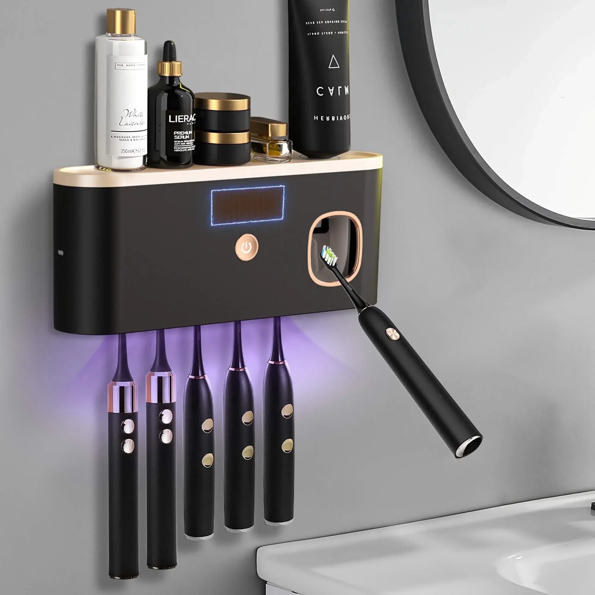 Toothbrush Holders for Bathrooms, UV Toothbrush Sanitizer Wall Mounted with Toothpaste Dispenser, Large Capacity Tray, Tooth Brushing Holder & Bathroom Accessories Sentryse