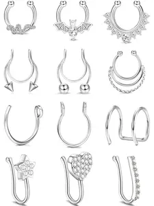 12PCS Fake Septum Fake Nose Rings For Women Surgical Steel Nose Cuffs For Non Pierced Nose Rings Hoops Fake Lip Rings Non Piercing Septum Rings Clip On Heart Faux Piercing Jewelry