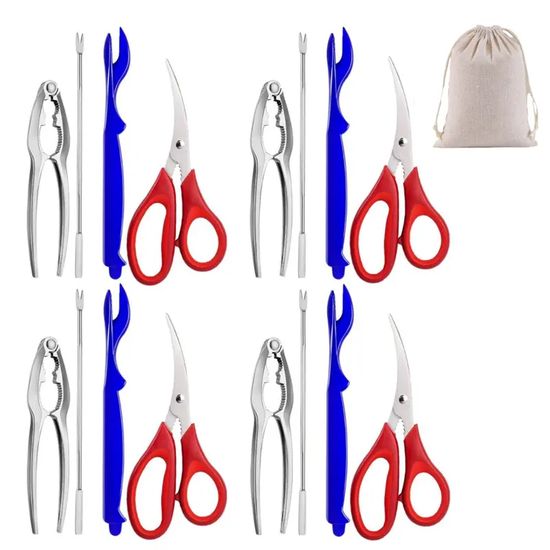 Crab Crackers and Tools Set of 4, 4 Lobster Shellers, 4 Crab Leg Forks/Picks, 4 Lobster Crackers-Nut Crackers, 4 Seafood Scissors and 1 Storage Bag