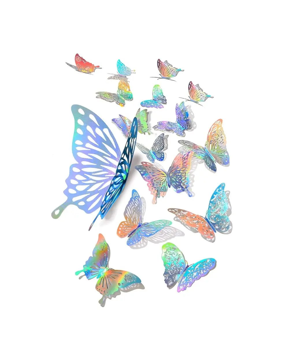 60 Pcs 3D Iridescent Silver Butterfly Wall Stickers Decals,Holographic Silver Butterfly Wall Decor Classroom Decor with Set 5 Style Decorative Paper Murals for Nursery, Glitter Party Decor