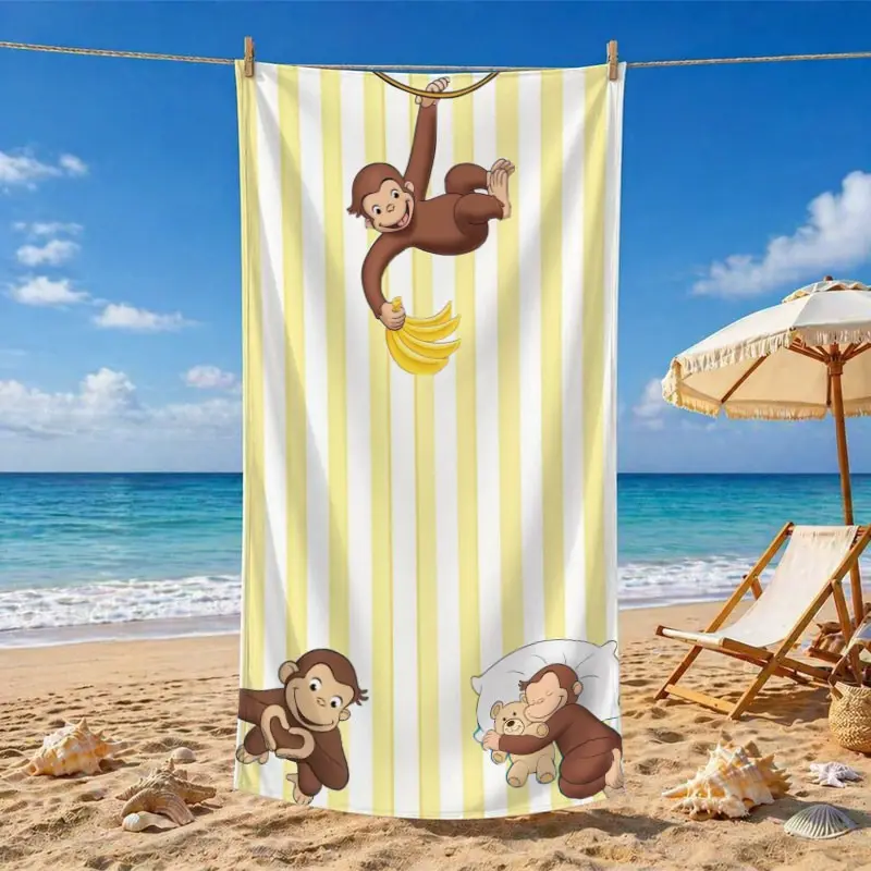 Cartoon Monkey Print Beach Towel, Ultra-Fine Fiber, Soft Absorbent, Quick-Dry, Reusable, Ideal for Summer Travel, Pool, Outdoor Activities, Stripe, Super Absorbent Towel