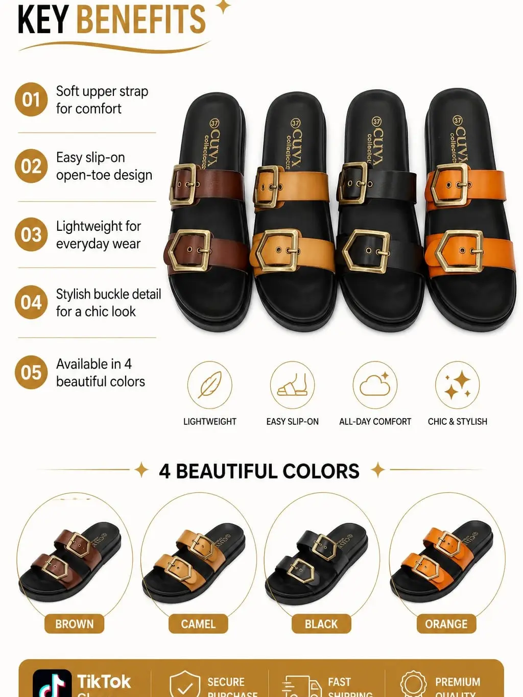women's Double Buckle slide Sandals- Confortable Flat Open Toes Slippers