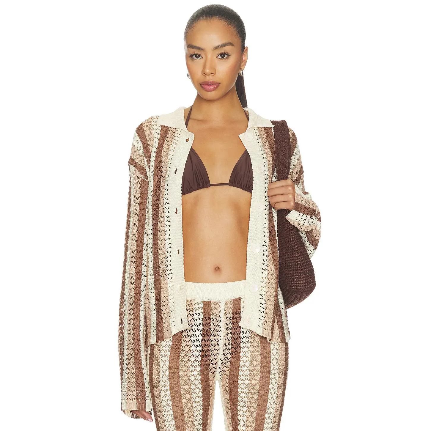 superdown Francie Crochet Cardigan in Neutral Stripe