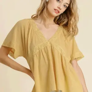 Umgee Boho Lace Trim Babydoll Blouse Top Mustard Flowy Peasant Vneck Shirt Loose Fit Summer Shortsleeve Shirts Womenswear