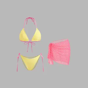 Cider Halter Neckline Triangle Tie Side Bikini Set With Gingham Sarong SwimWeek