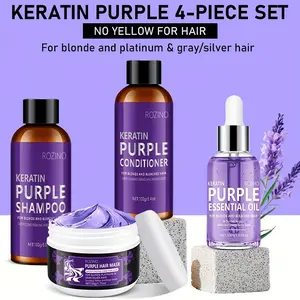 ROZINO Keratin Purple 4-Piece Hair Care Set - Shampoo Conditioner Mask & Essential Oil for Blonde Platinum Gray Hair - No Yellow Neutralizing Color Locking