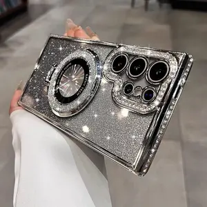 Plating Glitter Diamond Magnetic Bracket Case For Samsung Galaxy S26 S25 Ultra S23 S22 Plus A55 A35 A25 A24 A15 Clear Soft Cover