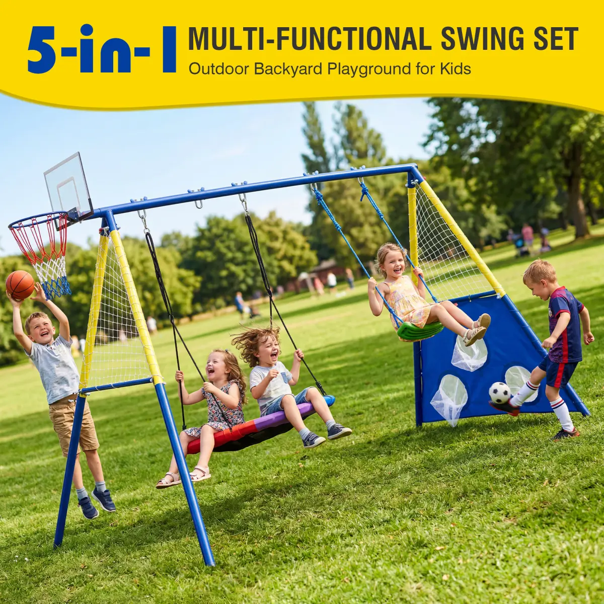 5-in-1 Kids Swing Set with Saucer Swing, Belt Swing, Basketball Hoop & Soccer Goal, Heavy Duty Metal Frame Backyard Playground for Toddlers & Kids Ages 3-10   WL