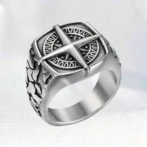 Creative Hip Hop Silver Stainless Steel Compass Pattern Men's Ring for Rock Motorcycle Daily Party Wear Christmas Carnival Father's Day Jewelry Gifts