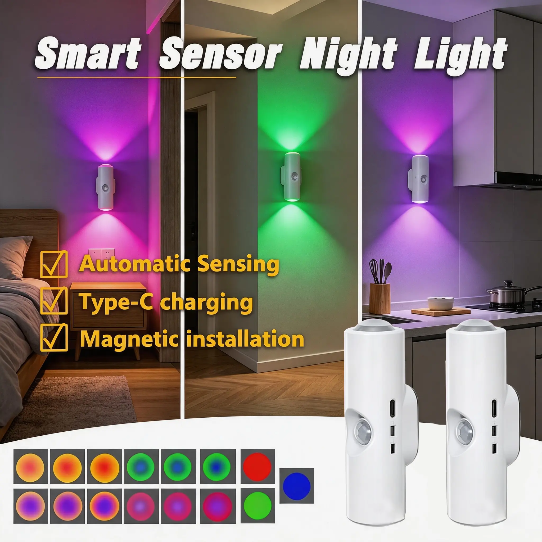 Rechargeable Smart Sensor Night Light - Motion-Activated, 3 Brightness Modes, RGB Sunset, Dimmable Wall Lamp (Halloween, Book Lights Compatible) - Magnetic Stick-On, Automatic Dimmable Wall Lamps & Sconces for Bedroom, Stairway
