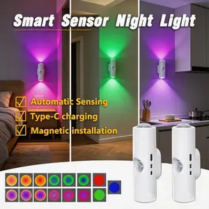 Buy 1 Get 1 Free Motion Sensor Light Indoor Rechargeable Battery Night Light Ultra-Long Battery Life, Magnetic Stick On Motion Sensor Light 3 Brightness Adjustment Modes for Bedroom, Stairway, Hallway, Outdoor, RGB, Sunset Night Lamp,  dimmable wall lamp