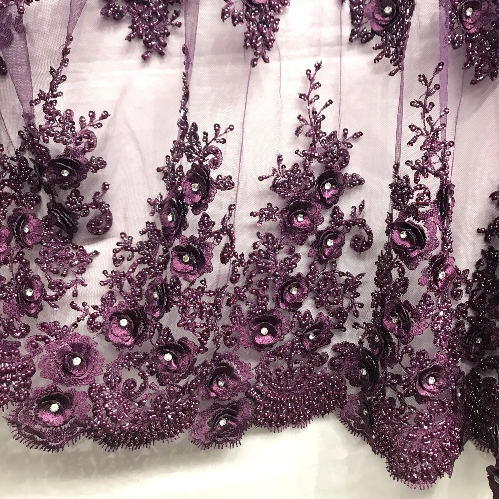 Beaded 3D Floral Lace Fabric with Scalloped Edge, Embellished Mesh with Pearls & Sequins for Bridal Gowns and Quinceañera Dresses, 54" Wide, Dance Costumes And Proms, Rhinestone Center, Allover Scalloped Edging, Sparkle, Evening Wear & Formal Occasion Des