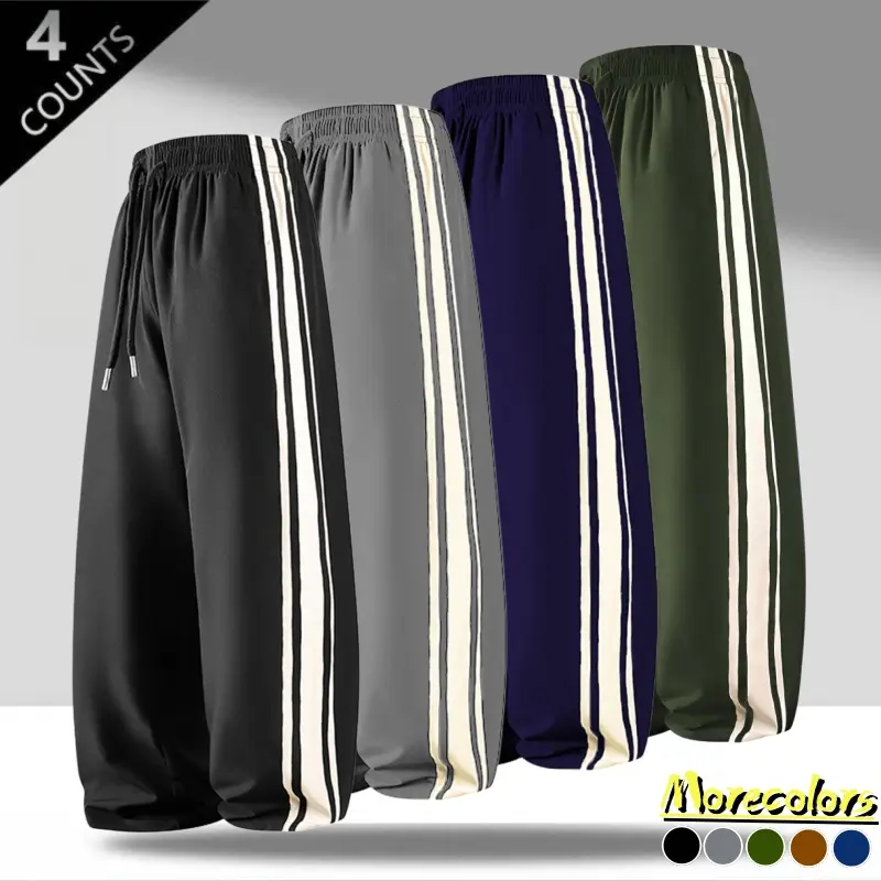 Unisex American retro sweatpants with side stripe, wide legs — elastic drawstring waist, drapey relaxed fit; trendy casual pants for daily commuting and street style