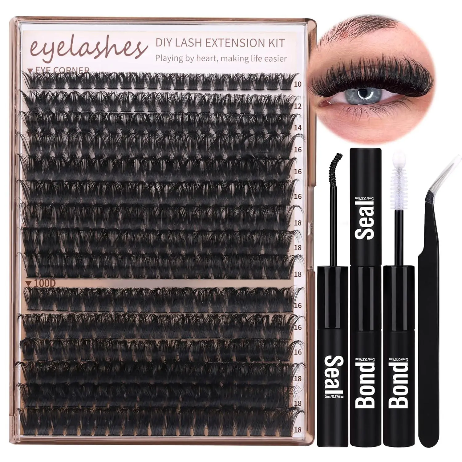Eyelash Extensions Kit, 1 Set Including 294pcs D Curl Eyelashes, 1 Eyelash Glue & 1 Tweezers, Professional Eye Makeup Accessories for Women, Cosmetic, DIY Lash Extension Kit, DIY Eyelash Clusters, Black, Eyelash Fixer