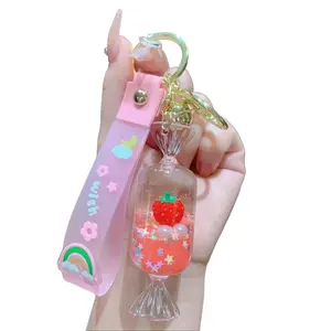 Floating Strawberry Backpack Car Key Pendant Kids Girls Women Acrylic Bag Wallet Liquid Keychain  free gift box keyfob