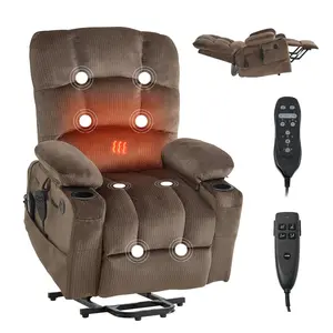 【DealsForYouDays】Brown Velvet Fabric Large Wide-Seat Dual-Motor Adjustable Power Lift Recliner Chair for Elderly - Electric Lift Chair with Heated Massage, Infinite Position Adjustment, Side & Front Pockets, Cup Holders