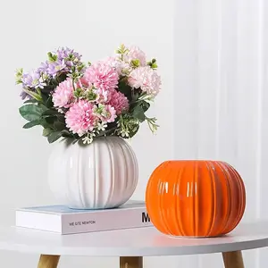Pumpkin Ceramic Vase Decorative Home Accent Table Ornament Handmade Pumpkin Flower Pot Craft Material Bottle