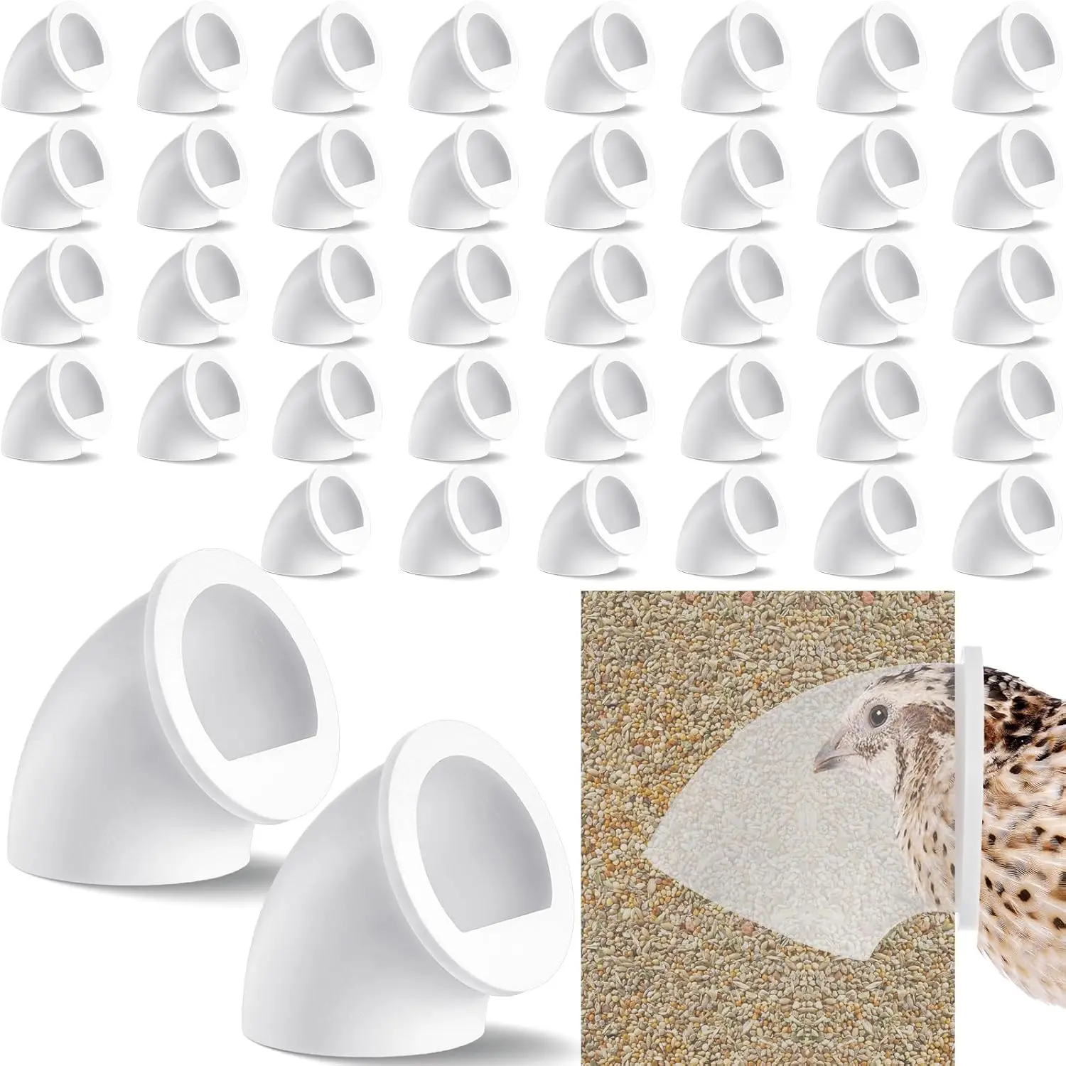 40 Pack Quail Feeders No  Chicken Feeder Port DIY Chick Feed Saver Quail Supplies for Coturnix Small Poultry Farm Bucket Bin Container (1.5 Inch,White)