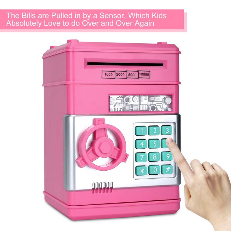 Pink Piggy Bank for Kids with Password Code Lock and Auto Grab Bill Slot, Real Money Cash Coin Can Saving Box Electronic Money Safe Bank, Hot Gift for 4 7 8 9 10 11 Year Old Boys Girls