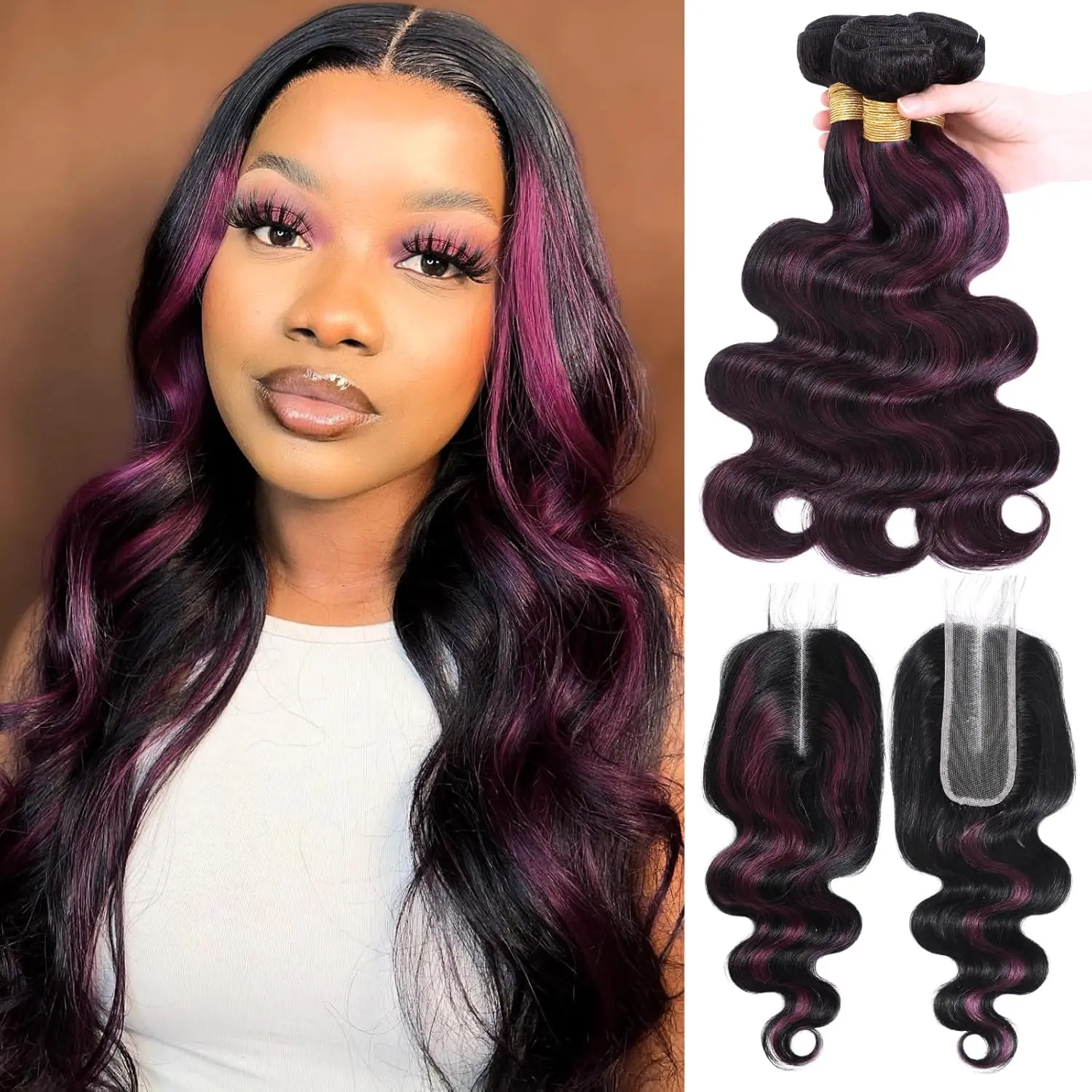 Body Wave Hair Bundles with Closure, 1B/Purple Burgundy Highlight Virgin Human Hair, 3 Tangle-Free Bundles with Deep Part HD Lace, Daily Wear Extensions, Virgin Hair, Lace Closure