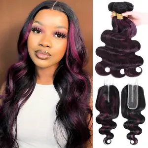 ANMETAN 12A Black Mix Purple Highlight Bundles with HD Closure Human Hair Body Wave, 100% Remy Hair #1B/Purple Burgundy Colored 3 Bundles with Long Deep Part Lace HD Lace Closure