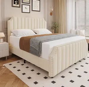SA-Garvee King and Queen Bed Frame, 50.2" Tall Headboard Velvet Bed Frame with Vertical Channel Tufted Design, Wooden Slat Support, Nailhead Trim Design, Box Spring Needed