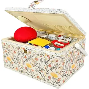 Large Sewing Box with Large Storage and Sewing Supplies, Elegant Wooden Sewing Basket with Removable Tray Padded Exterior, Yellow Floral