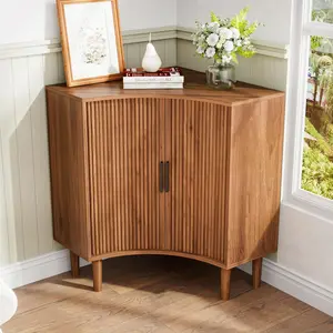 Fluted Corner Cabinet, Small Corner Floor Cabinet with Sliding Doors and Adjustable Shelves, Modern Wooden Freestanding Narrow Storage Organizer for Small Space,Living Room, Dining Room, Bathroom