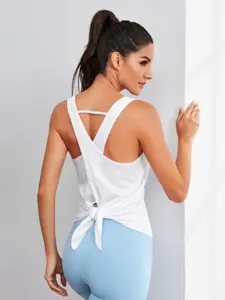 Back Tie Design Yoga Vest, Open Back Athletic Top, Slim Fit Fitness Workout Sleeveless, Stretchable Activewear, Sports Vest