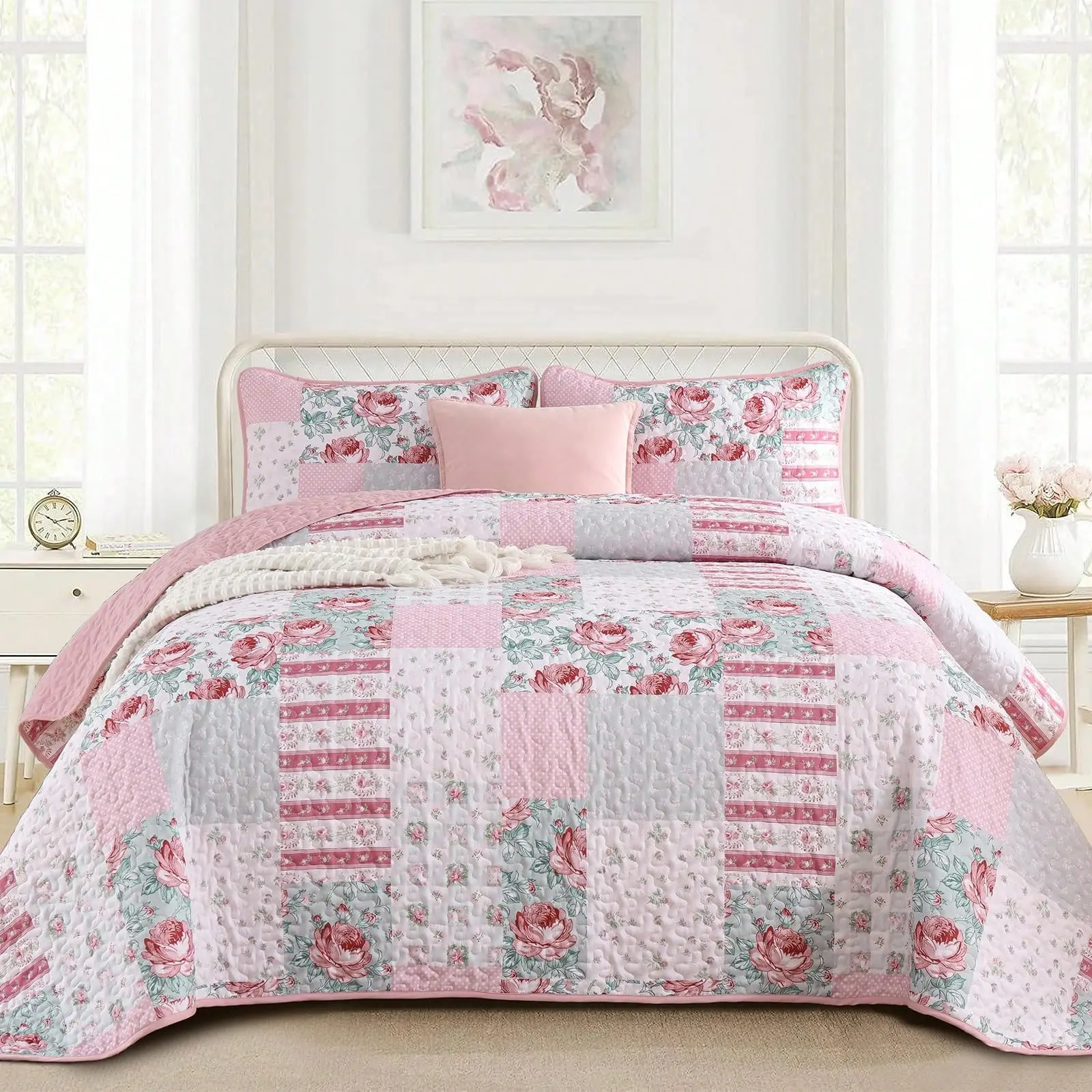 WONGS BEDDING Patchwork Quilt Set Queen 3 Pieces, Plaid Coverlet Bedspread with 2 Shams, Soft Lightweight All Season Bedding (96"x90")