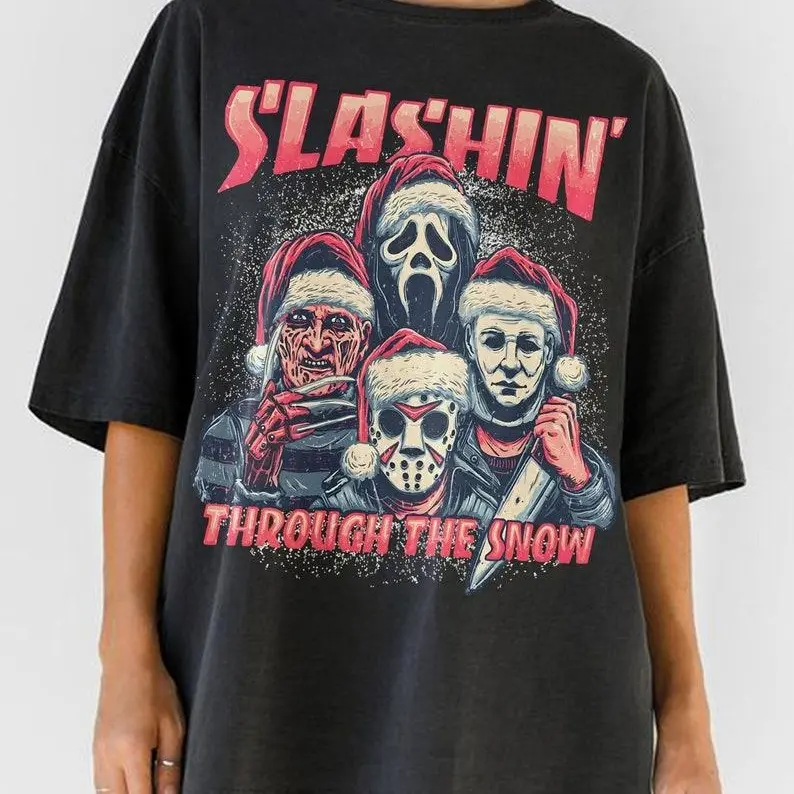Christmas Horror Tee Vintage Slashin' Through the Snow with Ghost Face, Freddy, Jason & More! - Copy Shirt