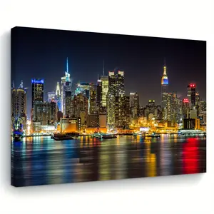 [2D Flat] A Canvas Art Painting with Wooden Frame, Displaying a Stunning Night City Landscape, Perfect for Decorating Living Rooms, Bedrooms, and Kitchens, Suitable for Home and Office Decoration, Also an Ideal Holiday Gift for Him or Her