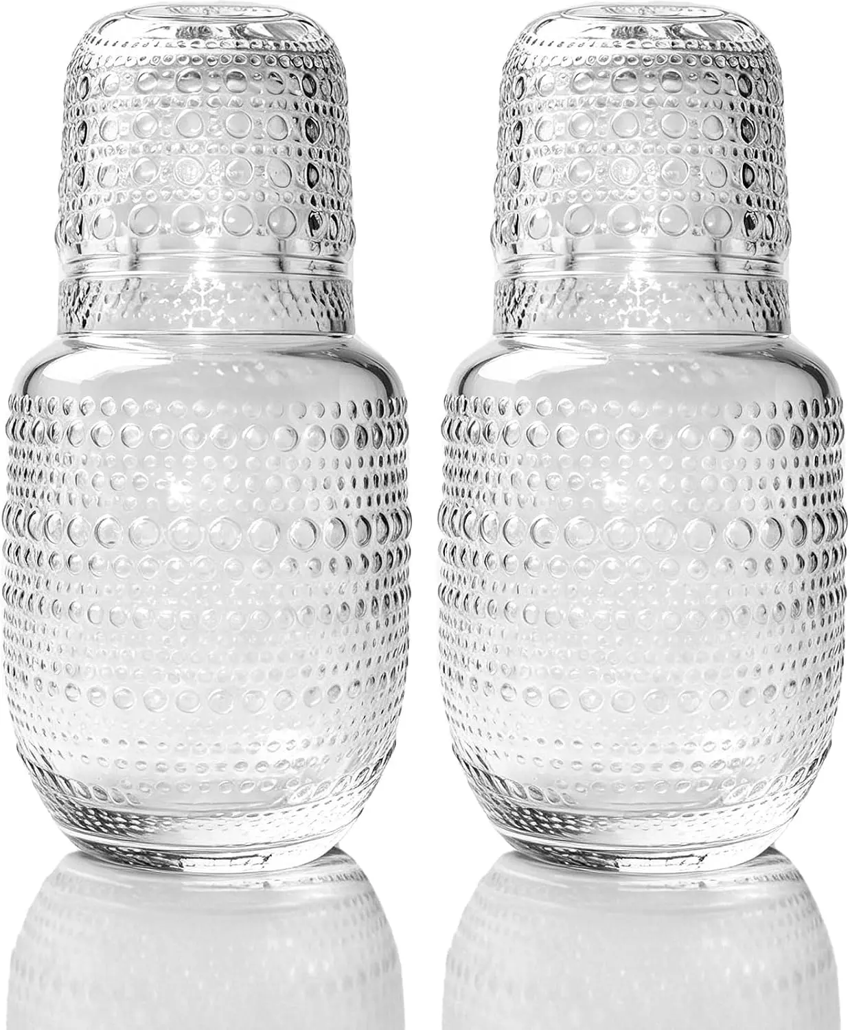 Bedside Water Carafe and Glass Set, Bathroom Mouthwash Dispenser, Vintage Glass Bottle with Embossed Lid, Nightstand Pitcher Bedroom Bath Kitchen, 20 Oz Pitcher 7 Oz Matching Cup, 4 Pack