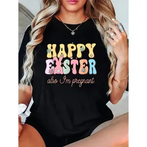 [Festive] Happy Easter Also I'm Pregnant Retro Graphic Maternity T-Shirt - Women's Casual Tee with Colorful Easter Egg Design, Round Neck Short Sleeve Top for Spring & Summer, Maternity Clothes