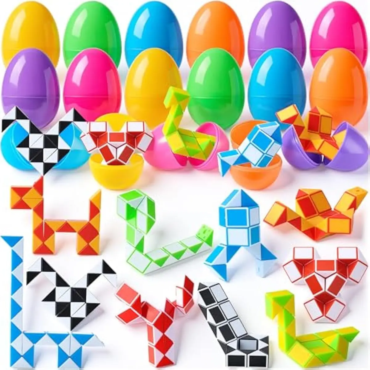 12 Pcs Prefilled Easter Eggs with Mini Snake Cubes Twist Puzzle Toys Snake Speed Cube for Kids Easter Party Favor Egg Hunt Classroom Exchange and Prize Supplies