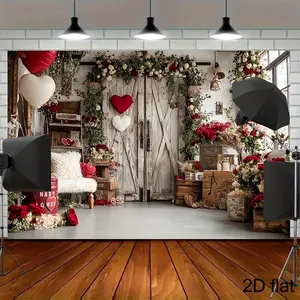 1PC Retro 2D Flat Wooden Door Love Flower Backdrop Banner, Reusable Polyester Valentine's Day Ornaments for Romantic Proposal, Photo Studio Decor