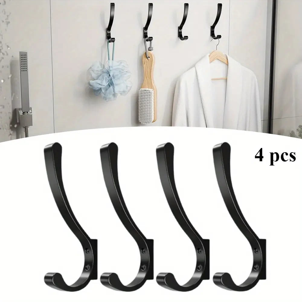 4-Pack Heavy-Duty Hanging Mount Retro Black Large Dual Coat Hangers - Waterproof Exterior Organizer with Screws for Jackets, Towels