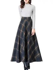 【New Arrival】Ebossy Women's Vintage High Waist Wool Blend Plaid A-Line Long Maxi Skirt with Pocket Bottoms Womenswear