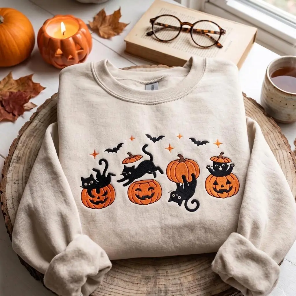 [Made in US] Embroidered Black Cat On Pumpkin Sweatshirt T Shirt Hoodie, Halloween Sweater, Spooky Season Tee, Cat Lover Gift