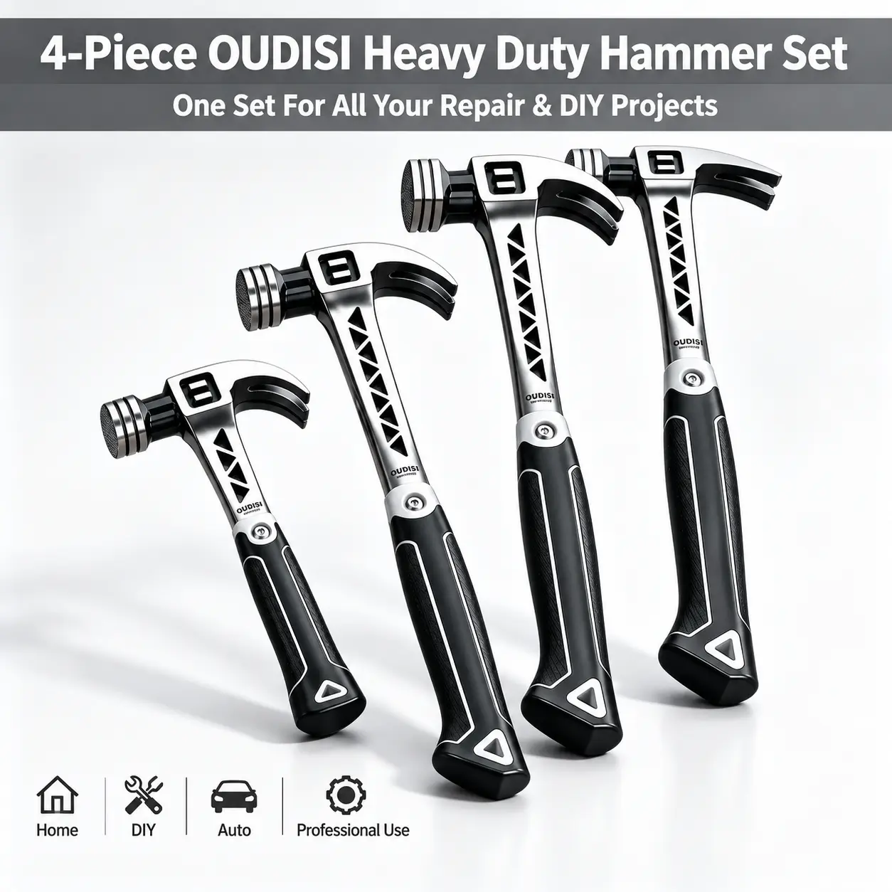 OuDiSi  High Carbon Steel Hammer Set, Heavy Duty Multi-Functional Hand Hammer Kit with Non-Slip Shock Absorbing Handle, Includes Claw Hammer, Ball Peen Hammer, Cross Peen Hammer & Sledge Hammer for Home Repair, Woodworking and Construction