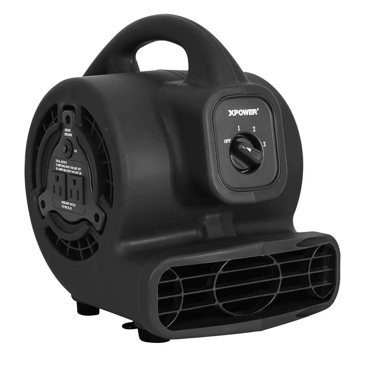 Xpower P-80A-Black 600 CFM Multi-Purpose Mini Mighty Air Mover, Utility Fan & Dryer Blower with Built-in Power Outlets - Black