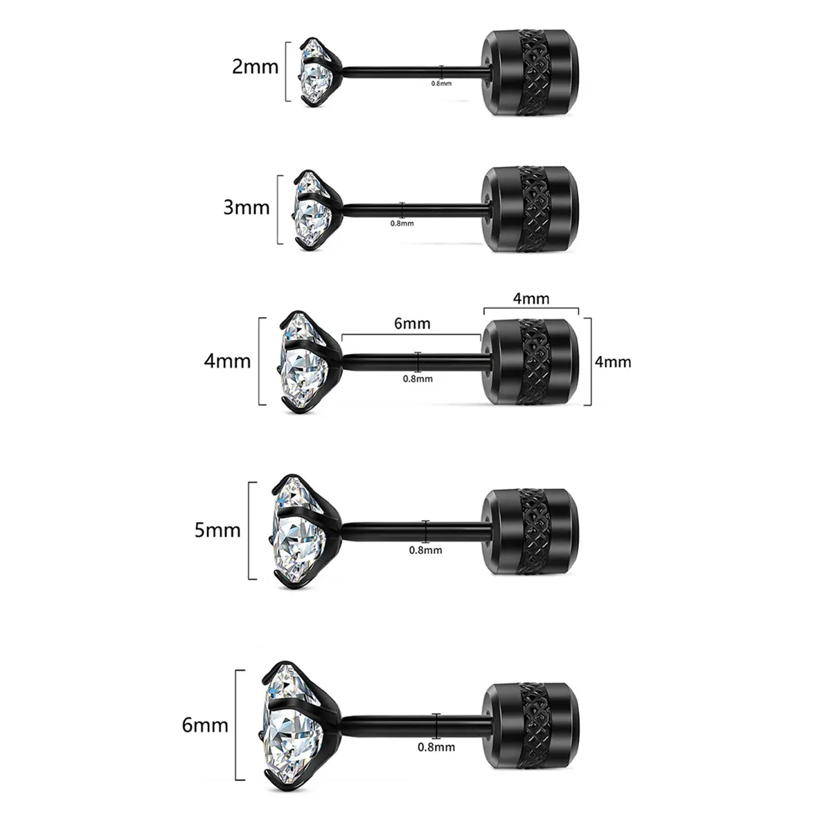 Unisex Brilliant Stud Earrings - 5 Pairs Men’s Hypoallergenic Stainless Steel Earrings, Embellished with Colorful Cubic Zirconia Fashion Jewelry, Men’s Earrings