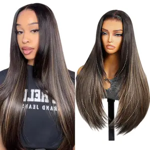 [Blend] Teslal Hair Balayage Layered Straight Wigs Glueless Pre Cut 6X6 TPart Lace Wig For Black Women 220% Density Pre Plucked Synthetic Blend Wig Beginners Friendly