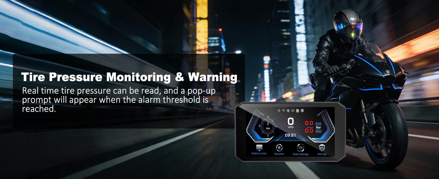 HURRA Motorcycle Carplay Android Auto with 5.5" Waterproof Touchscreen, TPMS, Millimeter Wave Radar, GPS Navigation,Dual 2K Dash Cam,BT,Real-time Alerts,OTA Updates,Quick Release Anti-Theft Mount