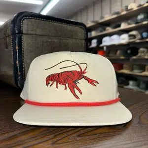 Embroidered Crawfish Rope Hat - Ivory with Red Rope